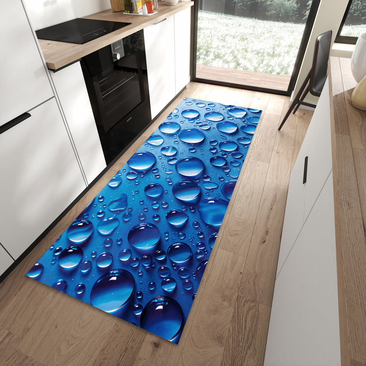 Abriebfester Küchenteppich mit Motiv Wassertropfen in moderner Küche
