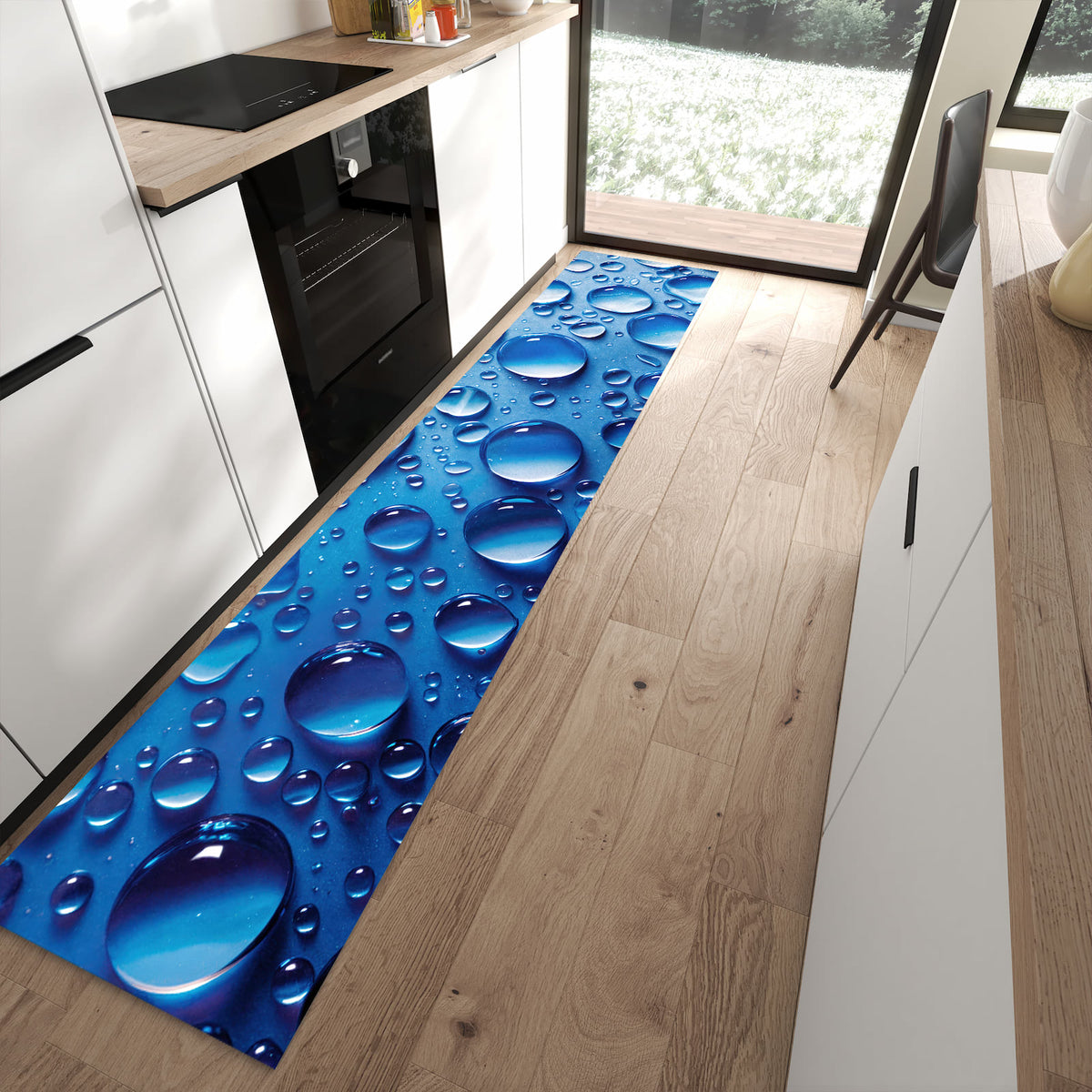 Ordnungsschaffender Teppichläufer mit Motiv Wassertropfen in moderner Küche