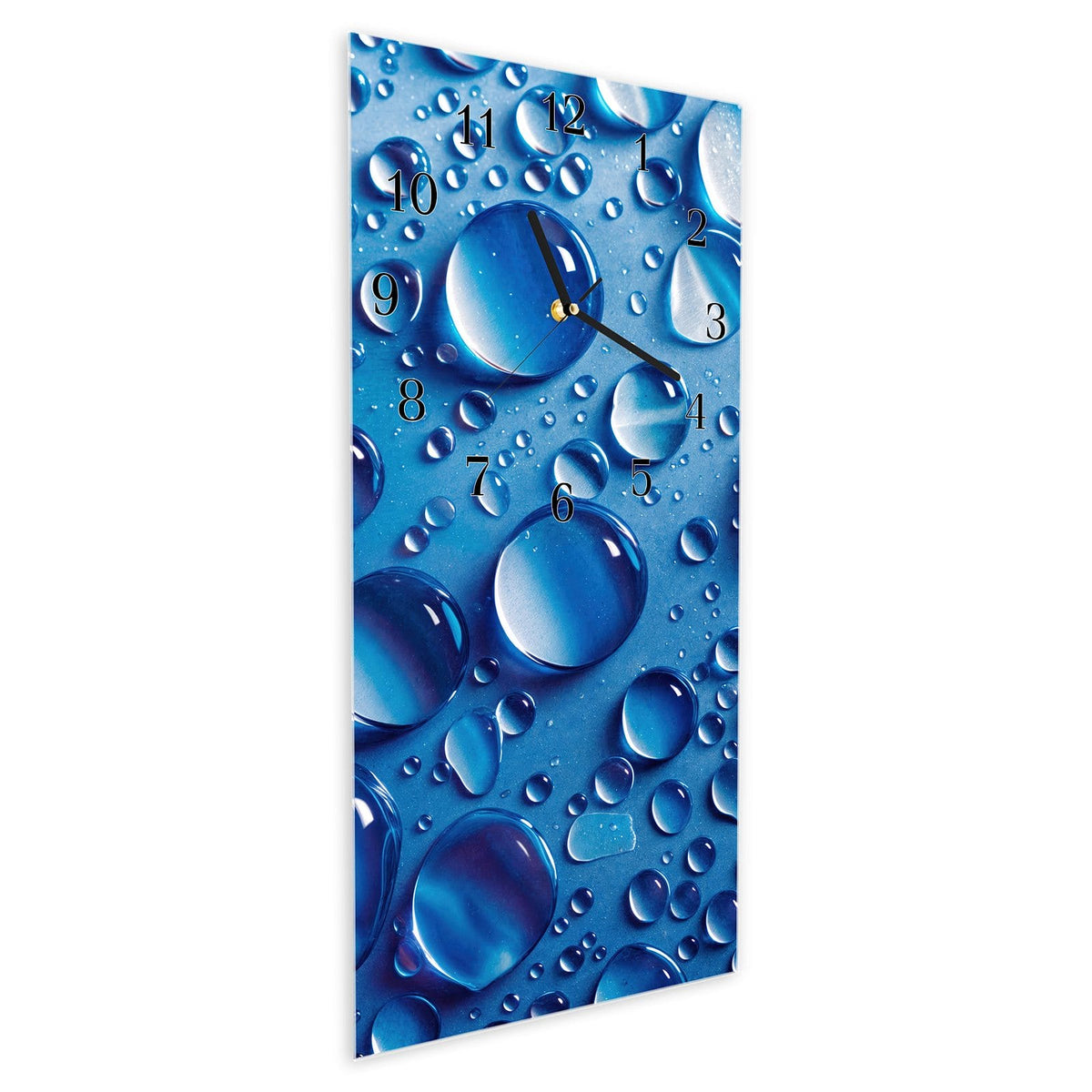 Vormontiert – mit Schwebeeffekt – Wanduhr Wassertropfen aus Glas – Hochformat 30 × 60 cm