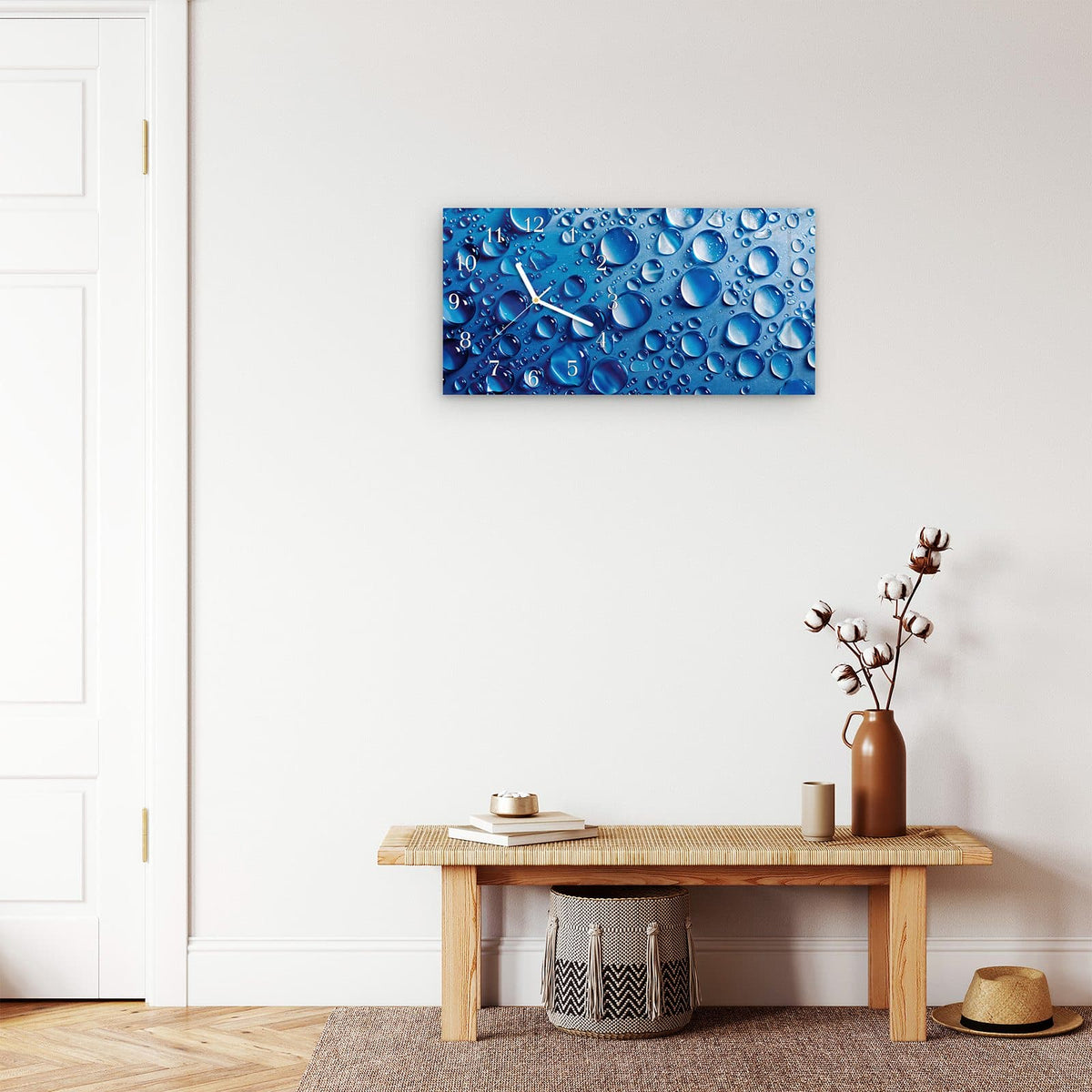 Moderne Wanduhr aus Glas mit Farbtiefe – Wanduhr Wassertropfen aus Glas – Querformat 60 × 30 cm