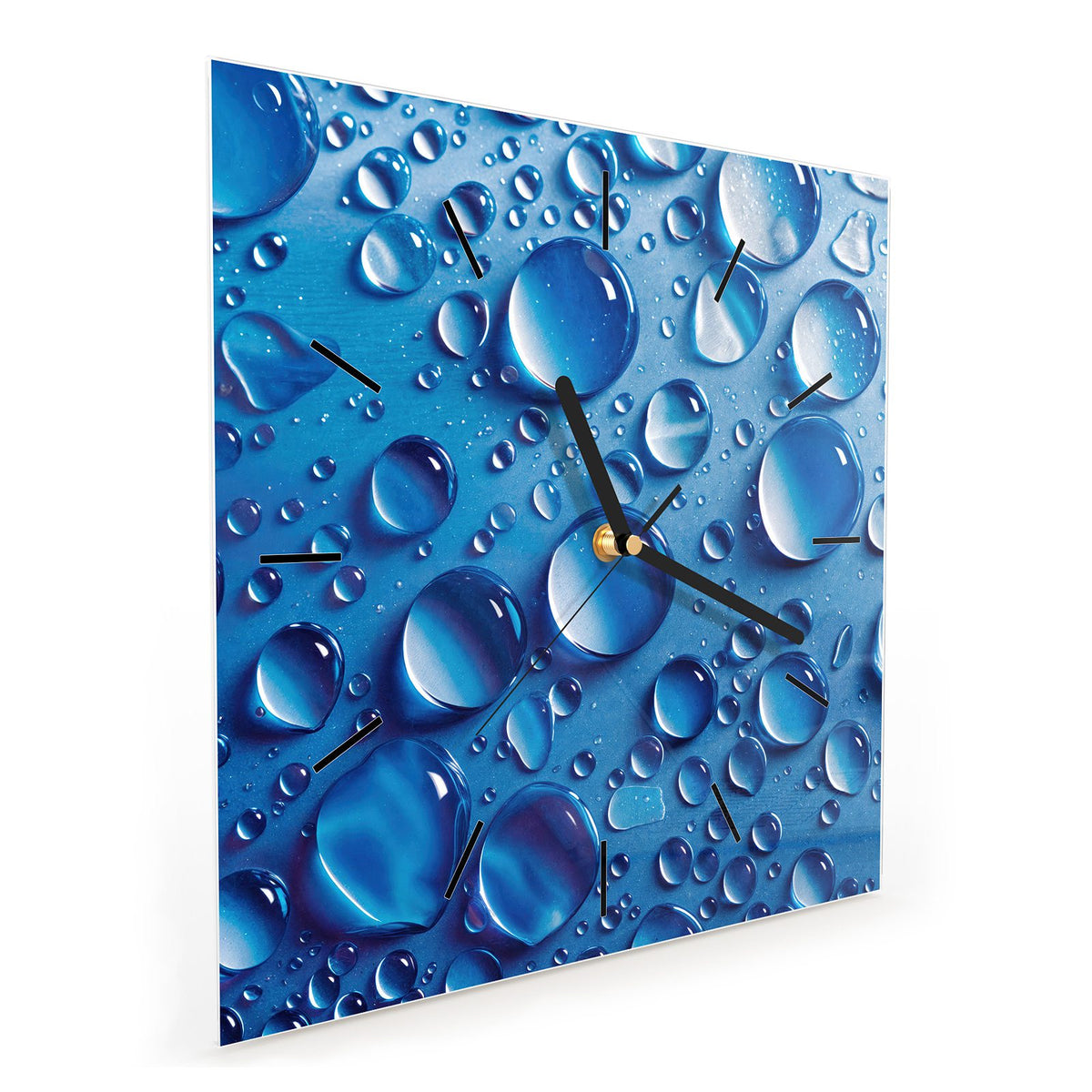 Quadratische Wanduhr aus Glas Tropfen auf Blau schräg von der Seite, 4 mm starkes Glas