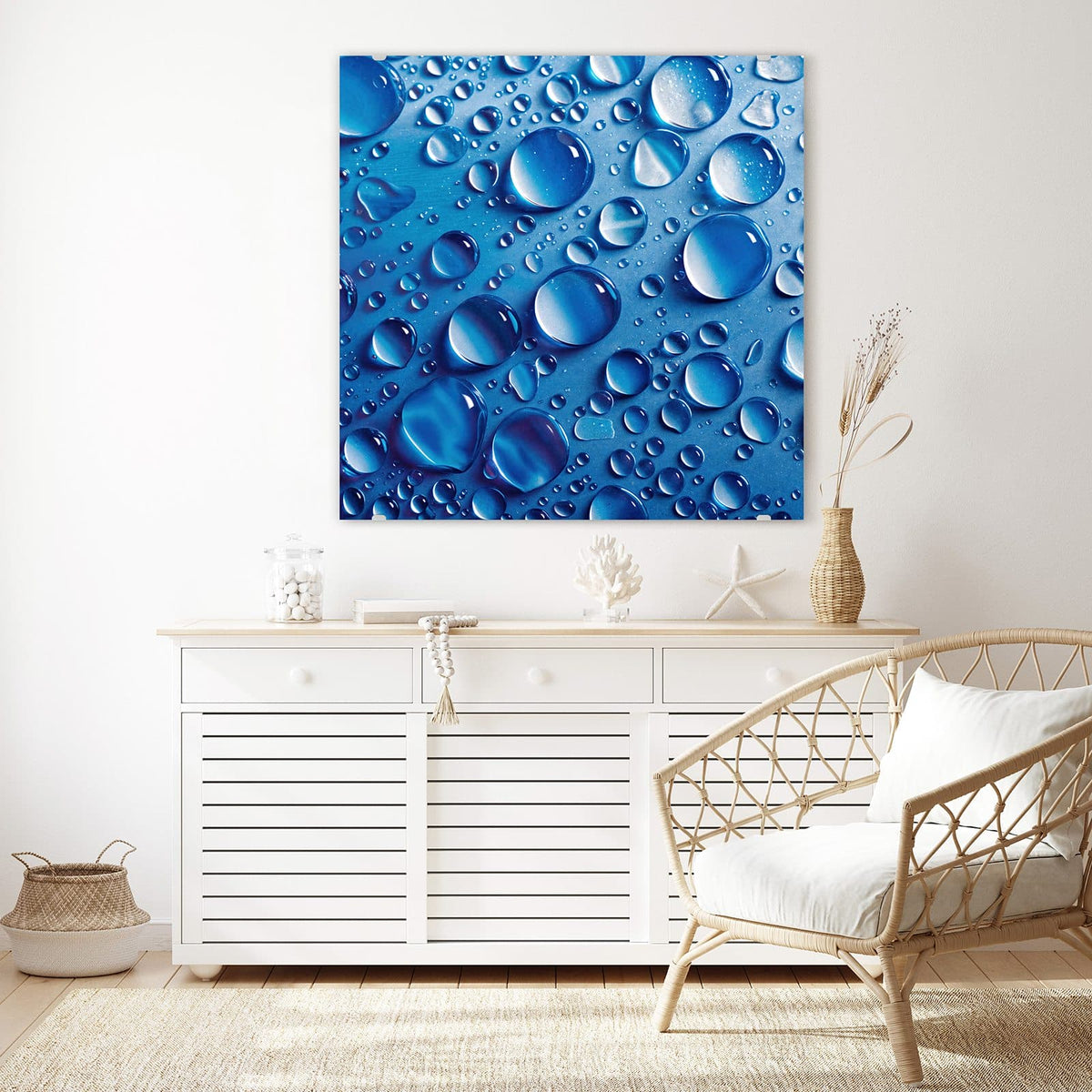 Echtglas, 4 mm – kein Acryl, keine Folie – Wandbild - Tropfen auf Blau - Quadratisch