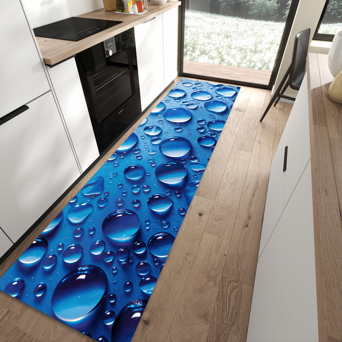 Zeitsparender rutschfester Läufer mit Motiv Wassertropfen in moderner Küche