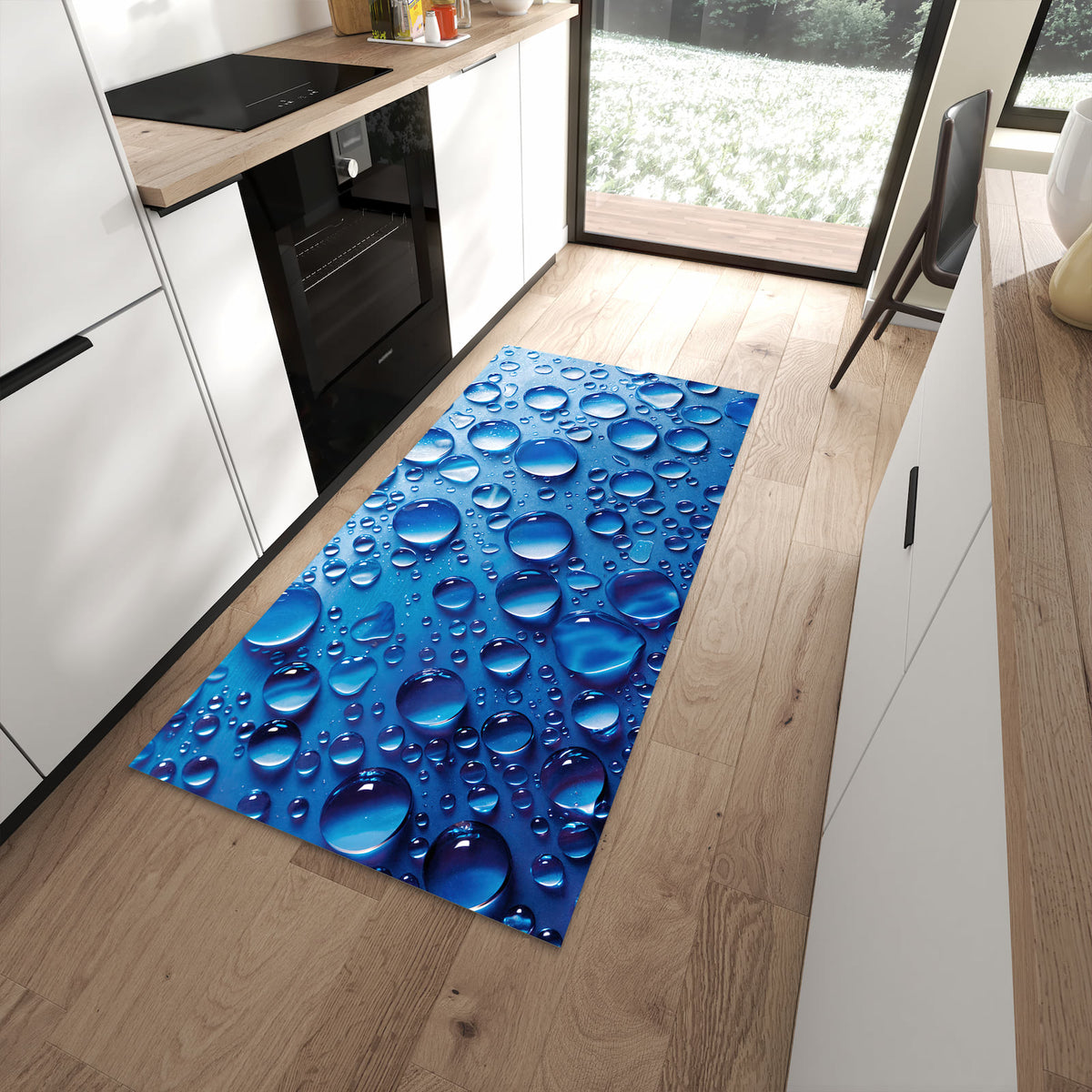 Geräuschdämpfender dünner Teppich mit Motiv Wassertropfen in moderner Küche