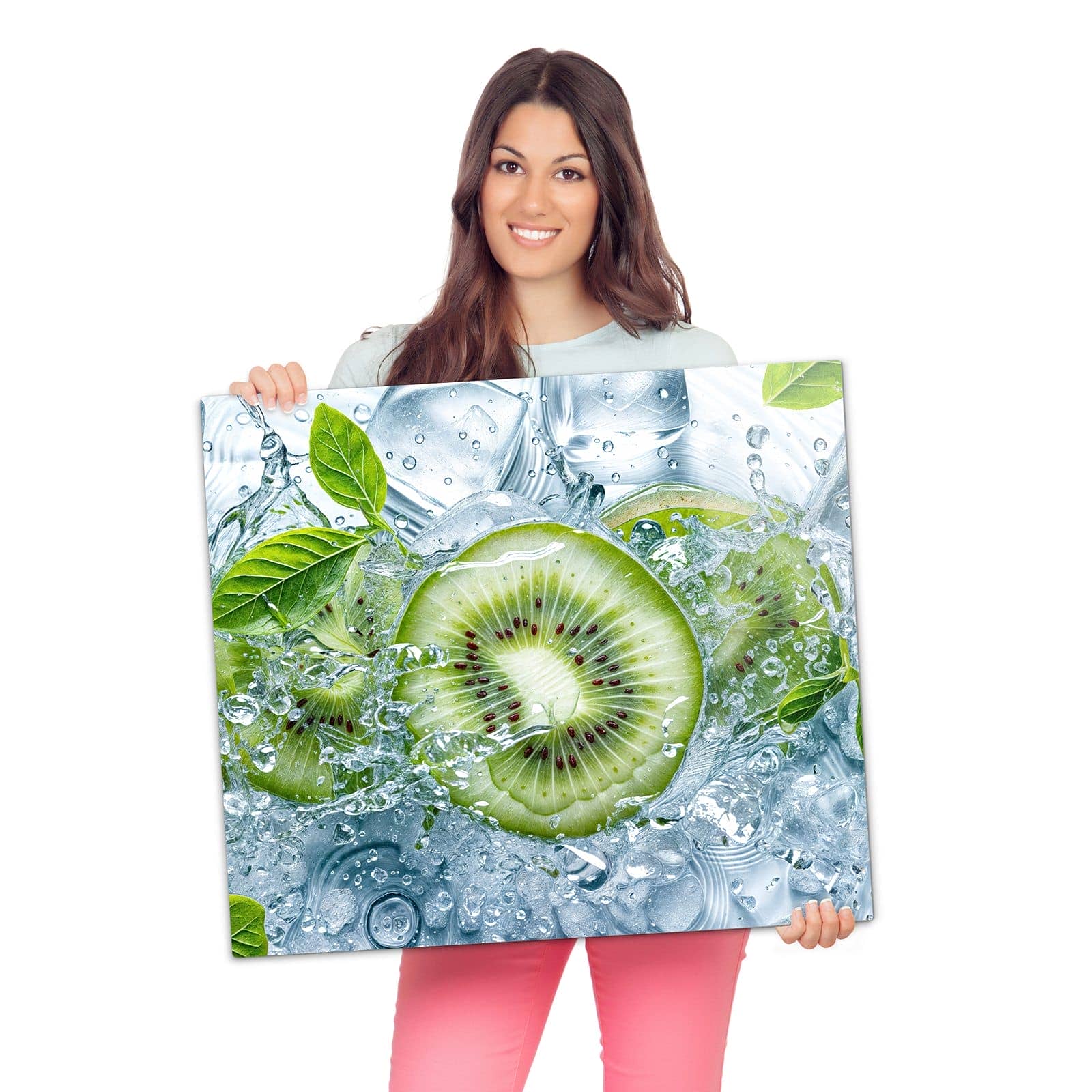 1-teilige Herdabdeckplatte mit Frische Kiwi Spritzer-Motiv wird zur Größendarstellung gehalten