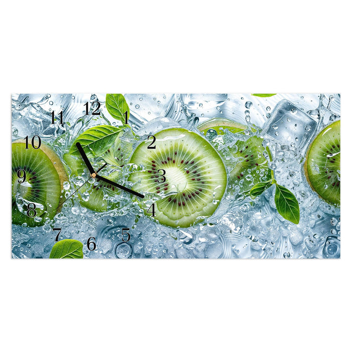 Wanduhr Frische Kiwi Spritzer aus Glas – Querformat 60 × 30 cm mit Ziffernblatt Klassisch
