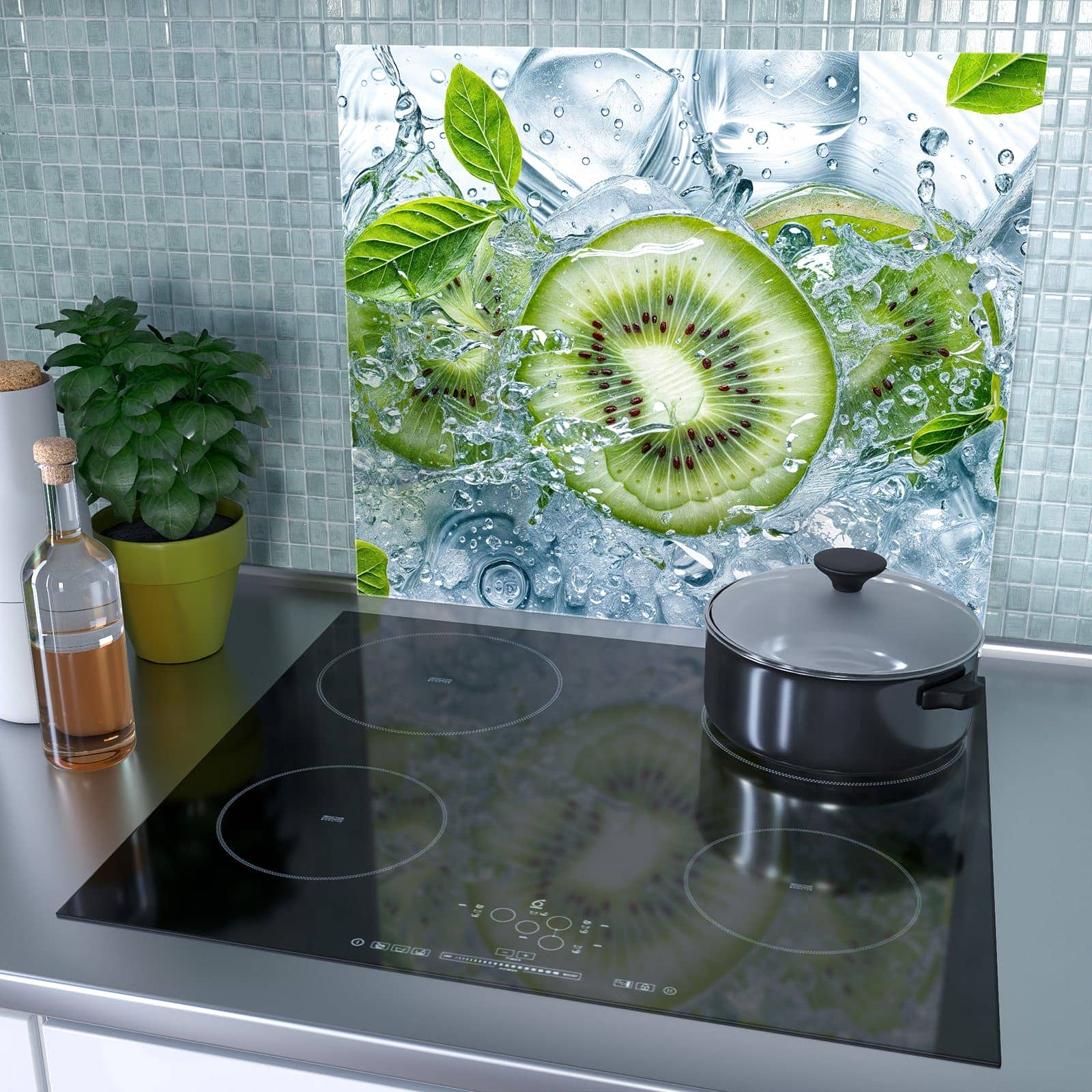 1-teilige Herdabdeckplatte für Ceranfeld mit Frische Kiwi Spritzer-Motiv als Spritzschutz