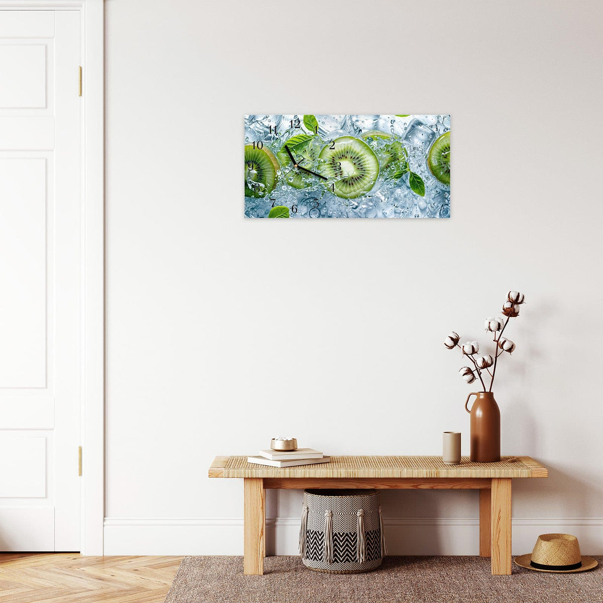 Moderne Wanduhr aus Glas mit Farbtiefe – Wanduhr Frische Kiwi Spritzer aus Glas – Querformat 60 × 30 cm