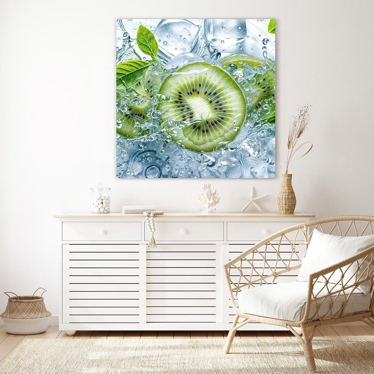 Echtglas, 4 mm – kein Acryl, keine Folie – Wandbild - Kiwischeiben im Wasser - Quadratisch