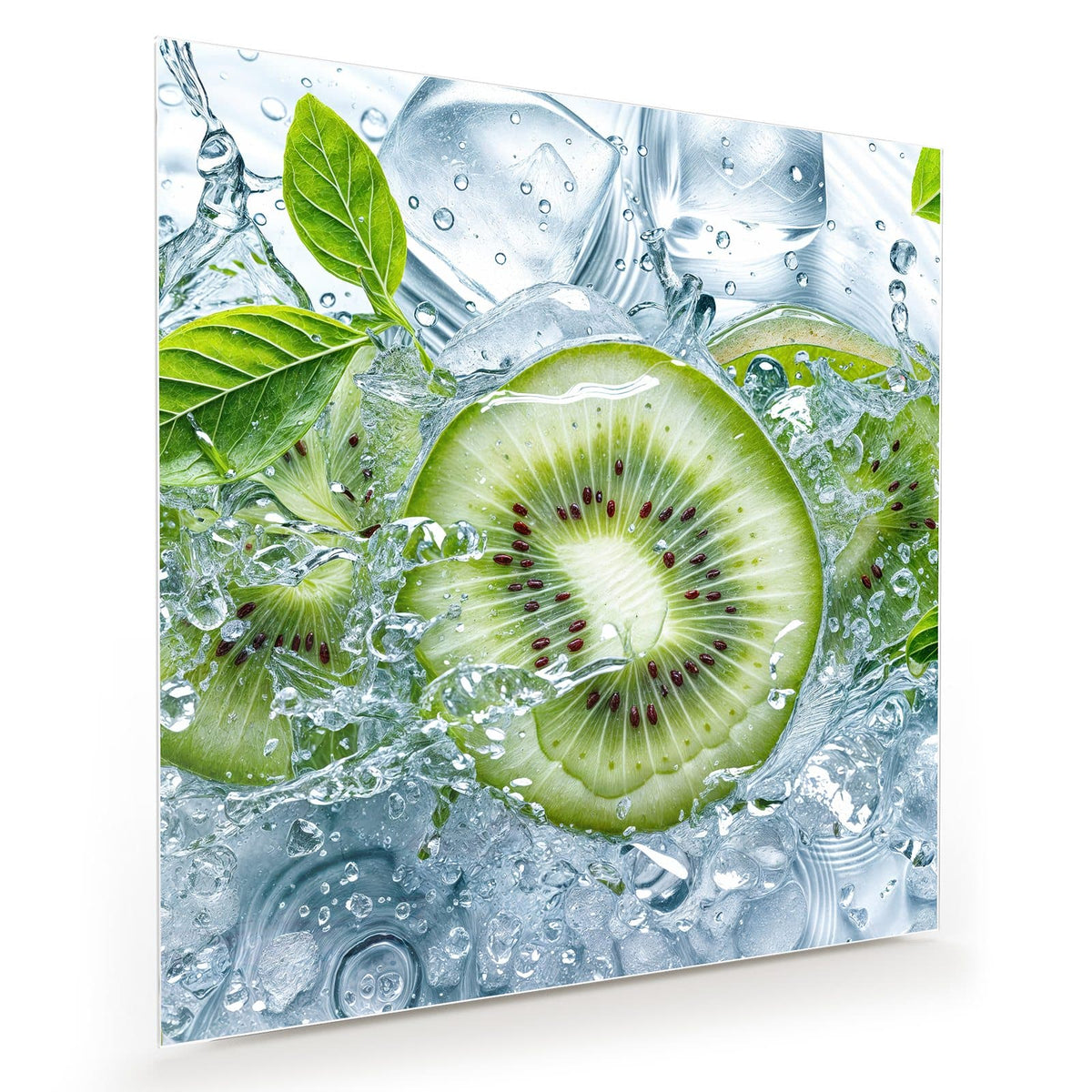 Kiwischeiben in aufspritzendem Wasser mit Eis und grünen Blättern vor blaugrauem Grund