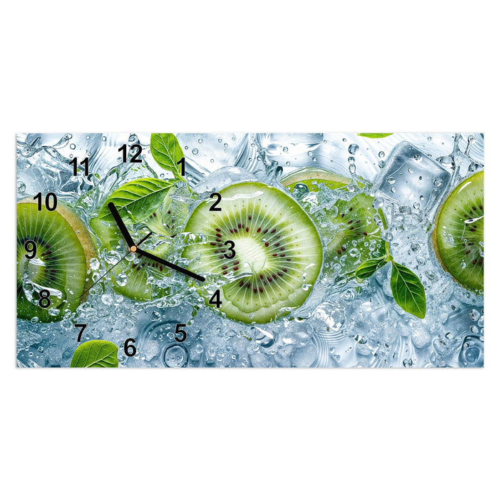Wanduhr Frische Kiwi Spritzer aus Glas – Querformat 60 × 30 cm mit Ziffernblatt Modern
