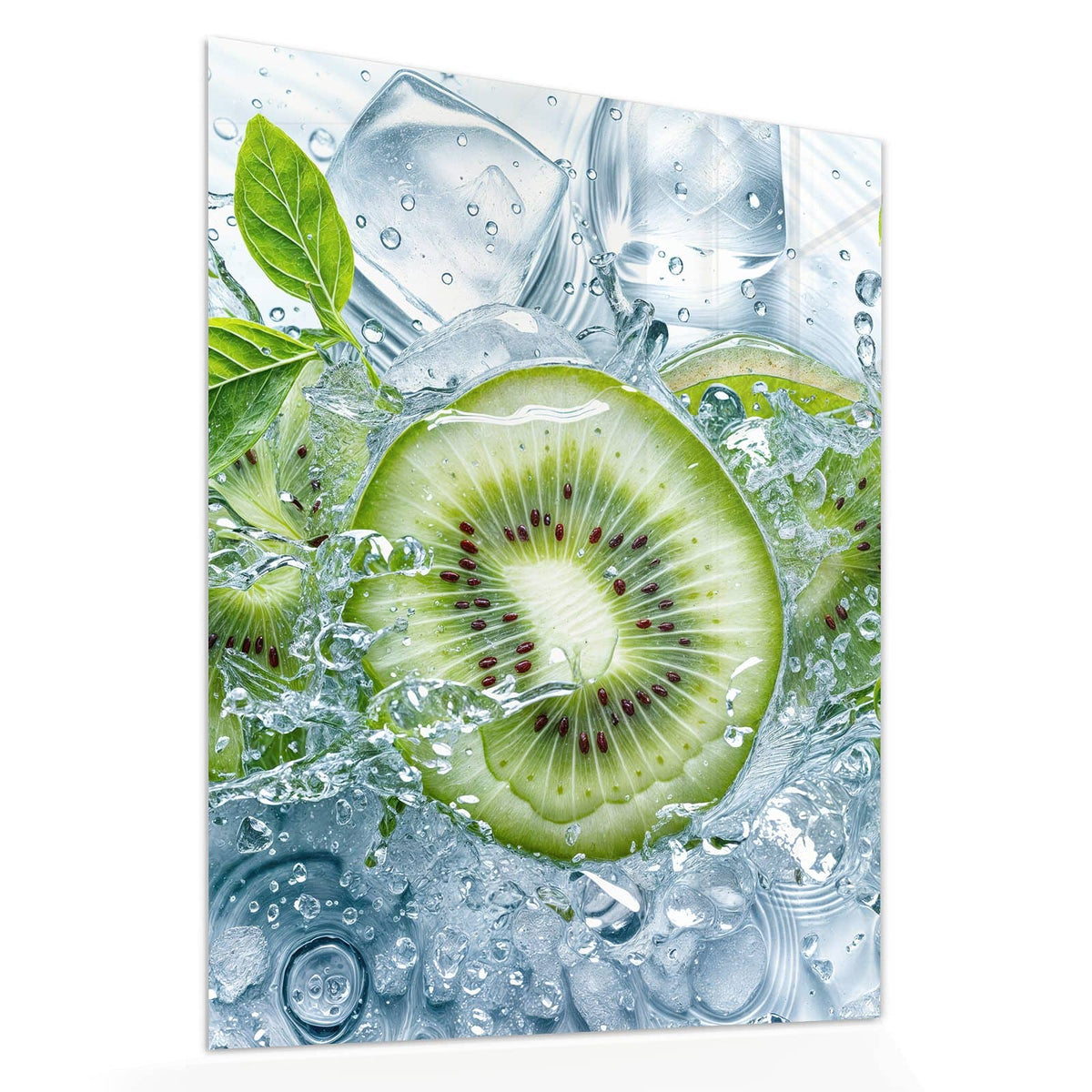 Echtglas, 4 mm – kein Acryl, keine Folie – Wandbild - Kiwischeiben im Wasser - Hochformat