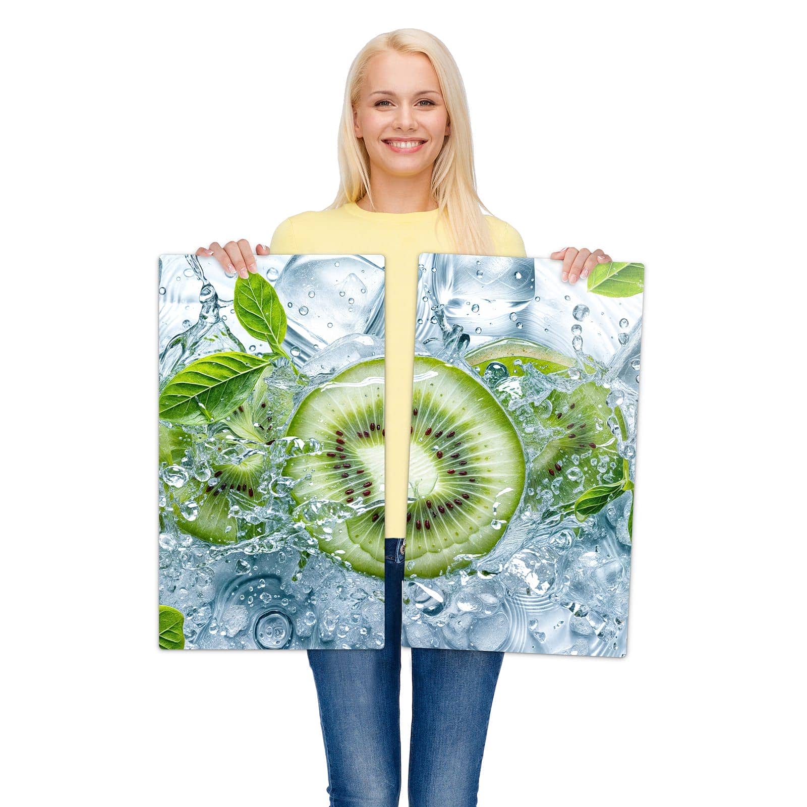 2-teilige Herdabdeckplatte aus Glas mit Frische Kiwi Spritzer-Motiv wird zur Größendarstellung gehalten