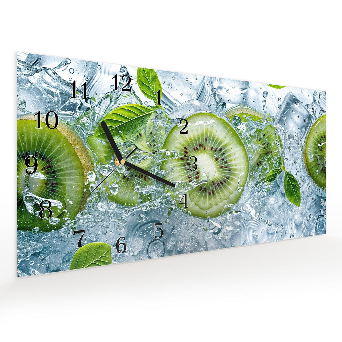 Vormontiert – mit Schwebeeffekt – Wanduhr Frische Kiwi Spritzer aus Glas – Querformat 60 × 30 cm