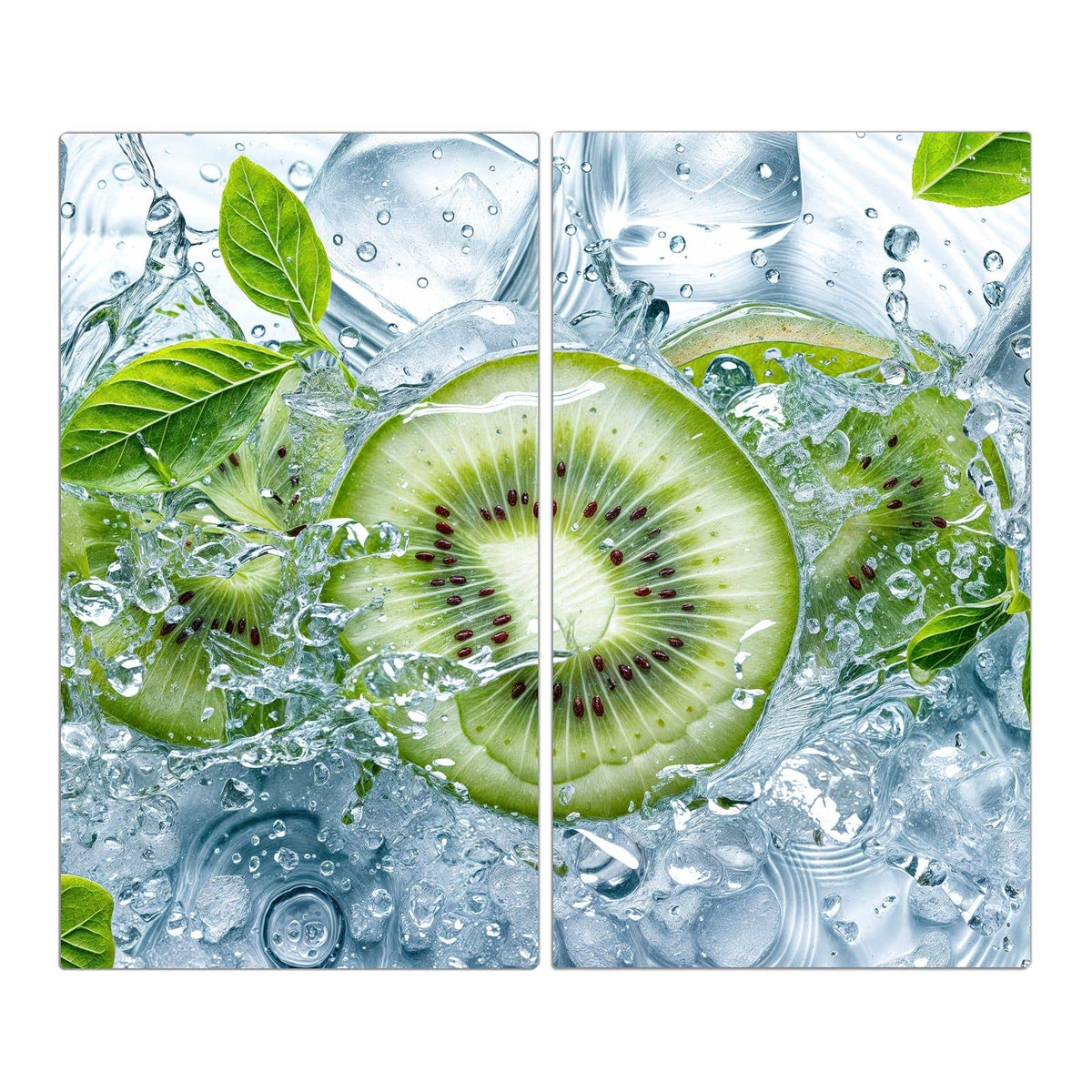 Kiwischeiben in aufspritzendem Wasser mit Eis und grünen Blättern vor blaugrauem Grund