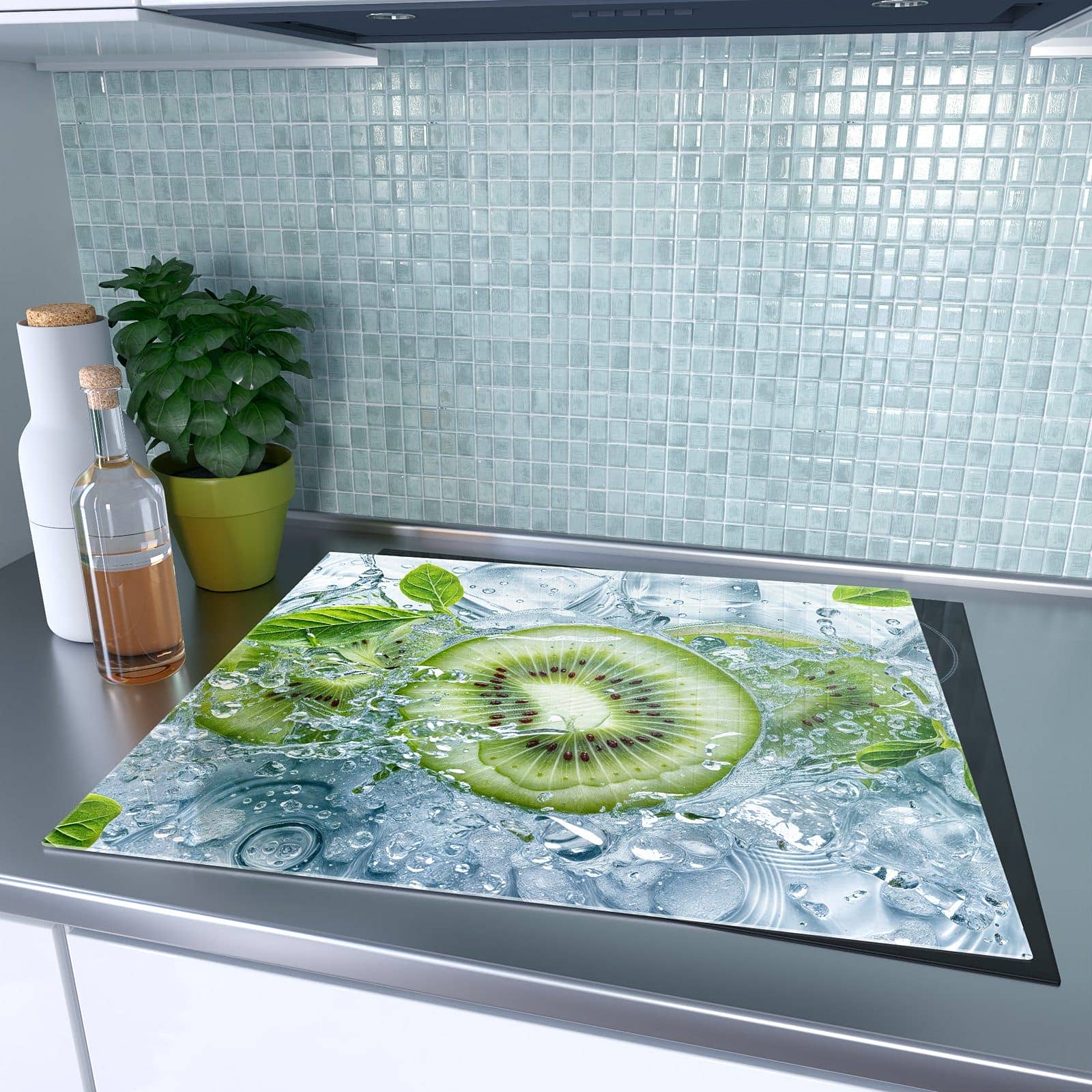 1-teilige Herdabdeckplatte mit Frische Kiwi Spritzer-Motiv auf dem Ceranfeld