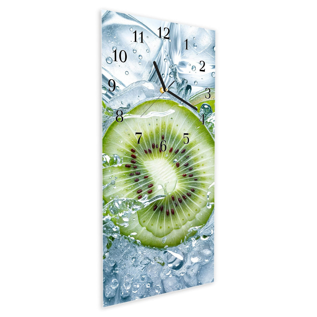 Vormontiert – mit Schwebeeffekt – Wanduhr Frische Kiwi Spritzer aus Glas – Hochformat 30 × 60 cm