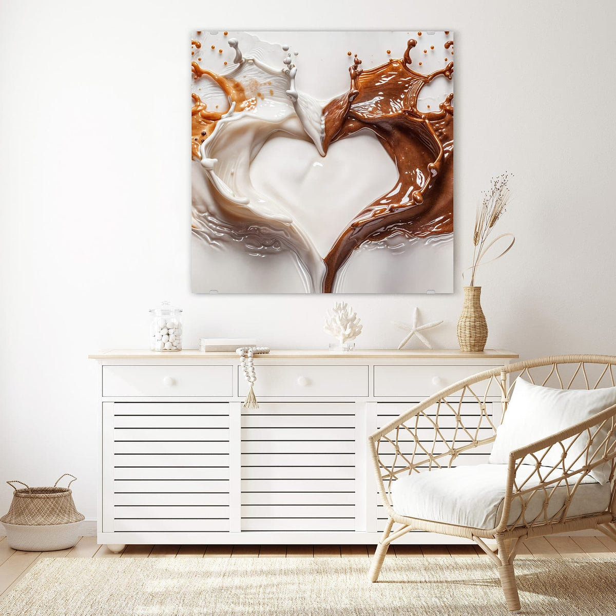 Echtglas, 4 mm – kein Acryl, keine Folie – Wandbild - Herz aus Milch und Kakao - Quadratisch