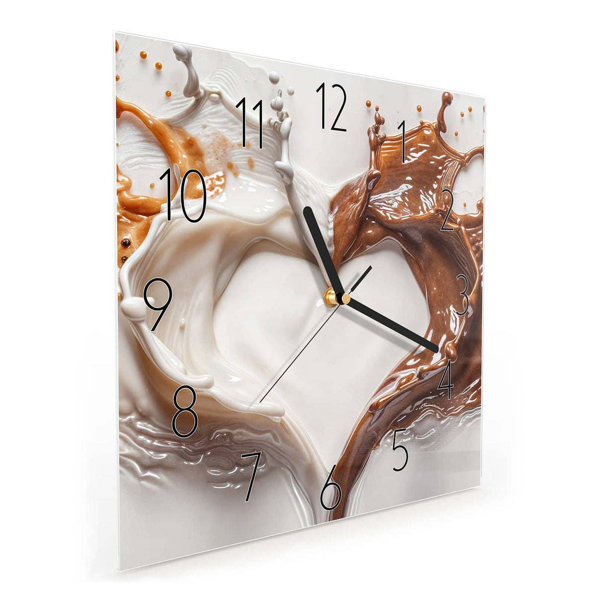 Quadratische Wanduhr aus Glas Herz aus Milch und Kakao schräg von der Seite, 4 mm starkes Glas