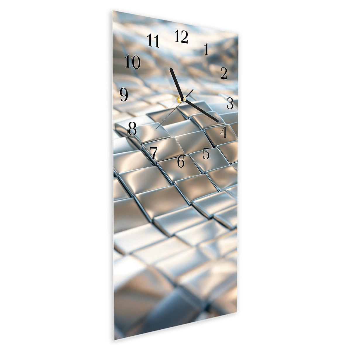 Vormontiert – mit Schwebeeffekt – Wanduhr Metallische Fläche aus Glas – Hochformat 30 × 60 cm