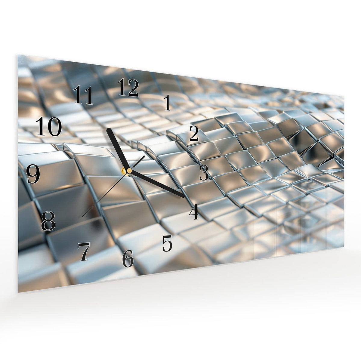 Vormontiert – mit Schwebeeffekt – Wanduhr Metallische Fläche aus Glas – Querformat 60 × 30 cm