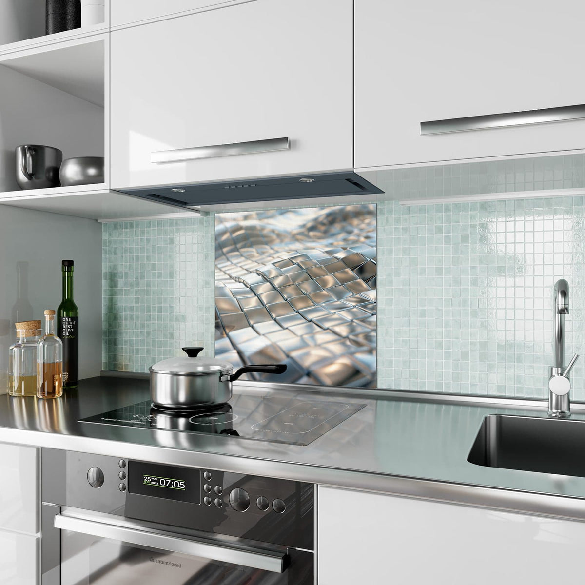 Küchenrückwand Welle aus Metallfliesen aus Glas – Wellen aus silbernen Metallfliesen