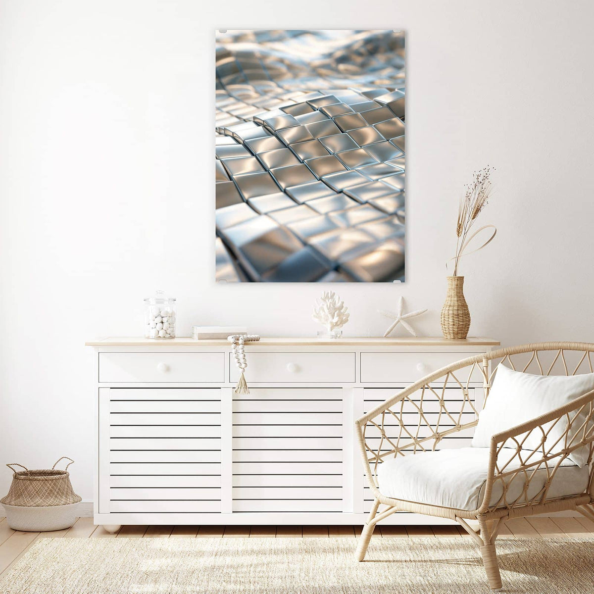 Aufhängung liegt bei – Motiv später wechselbar – Wandbild - Welle aus Metallfliesen - Hochformat