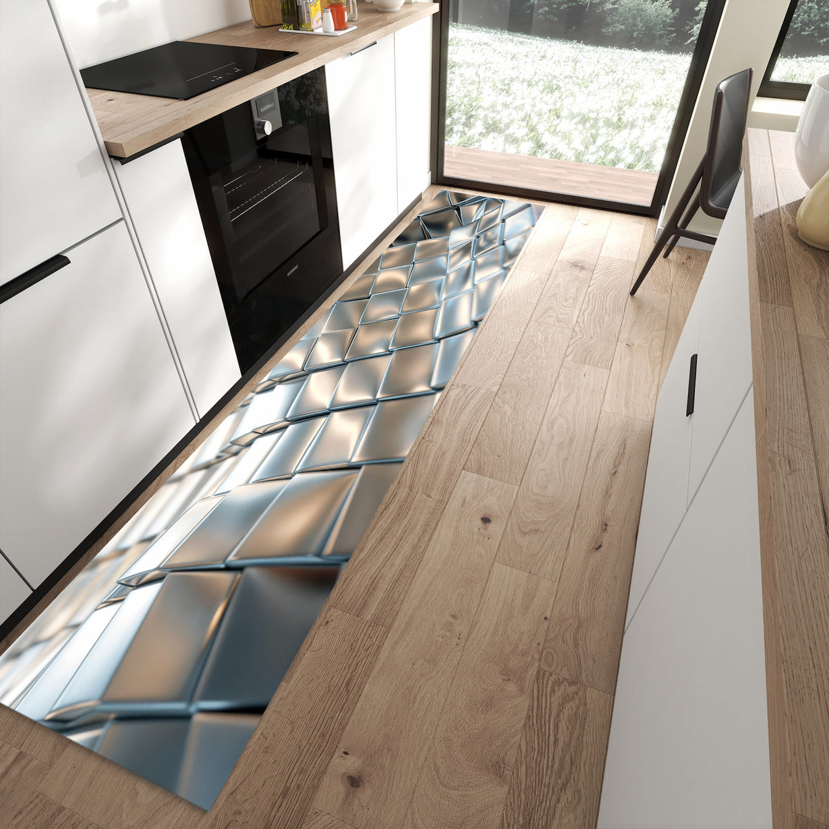 Langlebiger Küchenteppich mit Motiv Metallische Fläche in moderner Küche