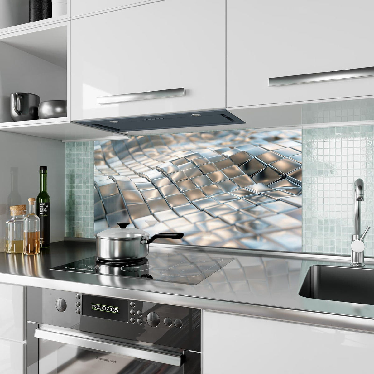 Küchenrückwand aus Glas Welle aus Metallfliesen im Hochformat als Spritzschutz hinter dem Kochfeld, über dem Fliesenspiegel montiert