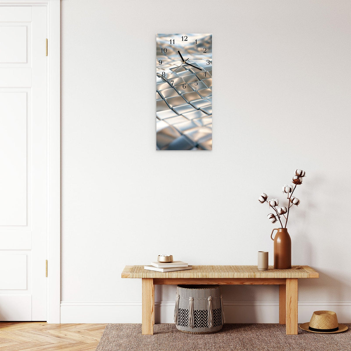 Moderne Wanduhr aus Glas mit Farbtiefe – Wanduhr Metallische Fläche aus Glas – Hochformat 30 × 60 cm