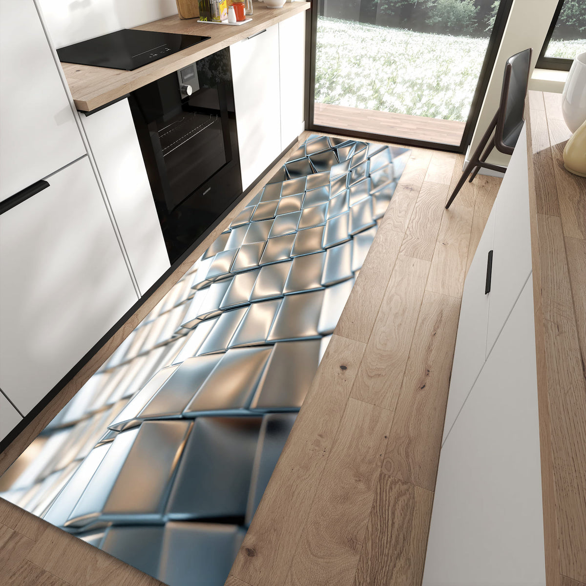 Waschbarer Küchenteppich mit Motiv Metallische Fläche in moderner Küche