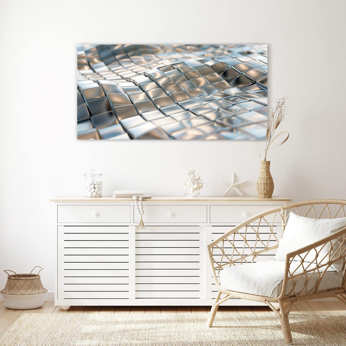 Echtglas, 4 mm – kein Acryl, keine Folie – Wandbild - Welle aus Metallfliesen - Querformat