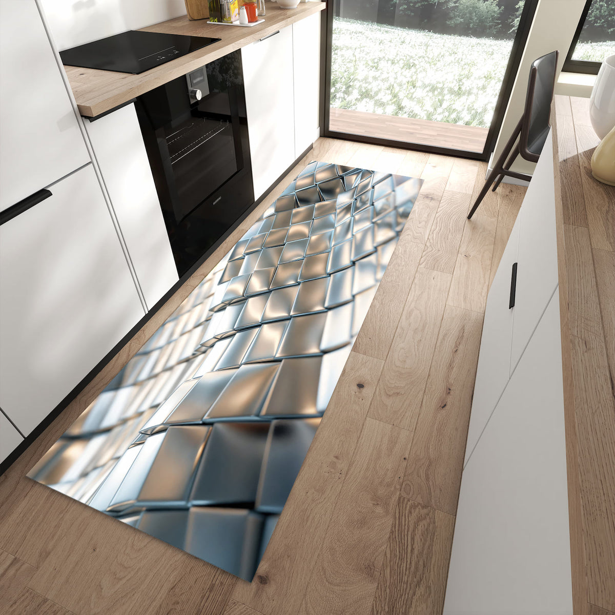 Komfortabler großer Küchenteppich mit Motiv Metallische Fläche in moderner Küche