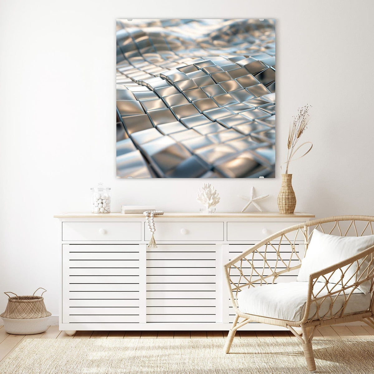 Glasbild Welle aus Metallfliesen an der Wand – Silberne Metallfliesen, die sich als Welle über die Fläche ziehen