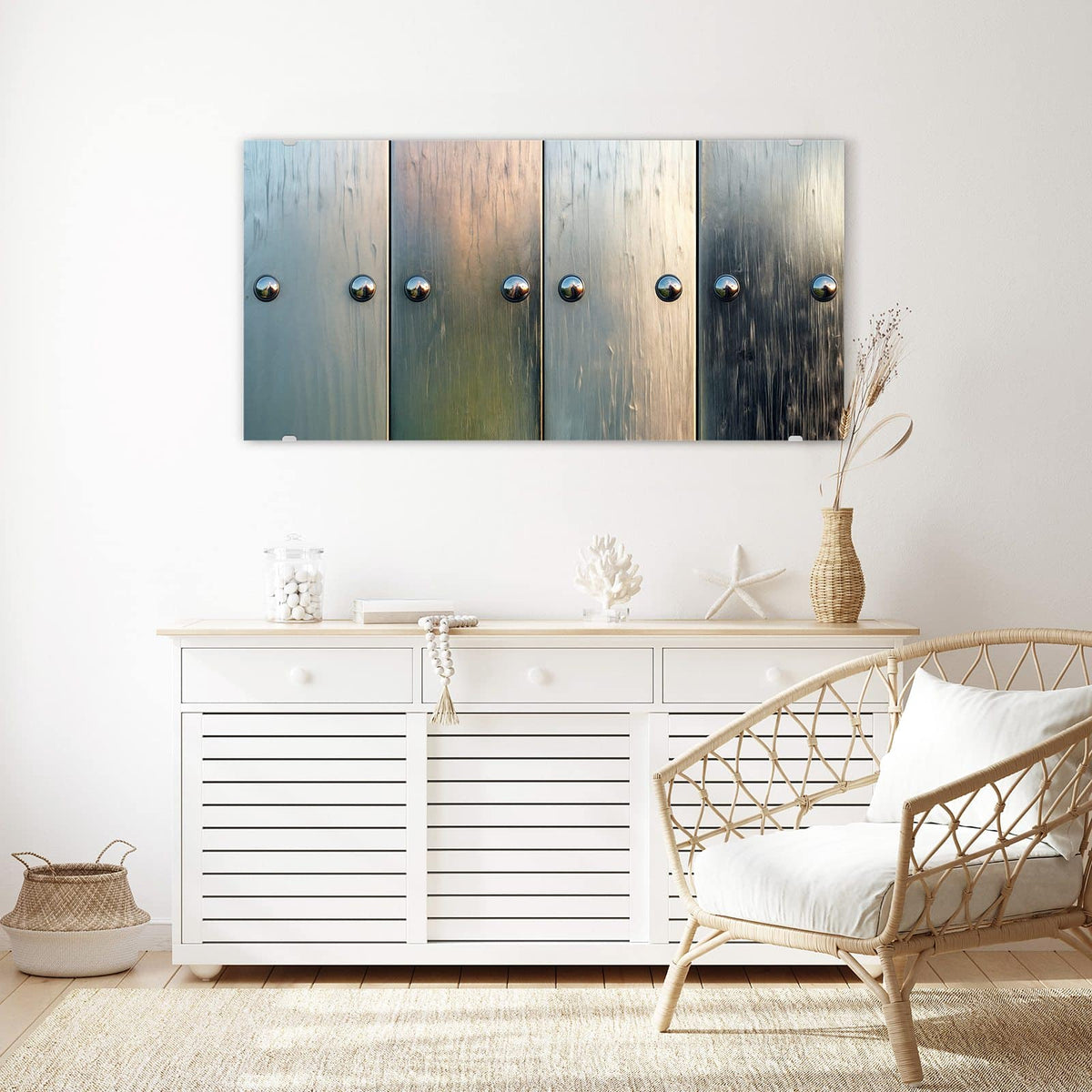 Echtglas, 4 mm – kein Acryl, keine Folie – Wandbild - Metallknöpfe auf Holz - Querformat