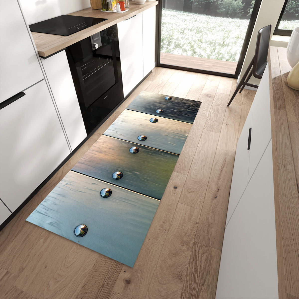 Formstabiler rutschfester Küchenteppich mit Motiv Metallene Paneele in moderner Küche