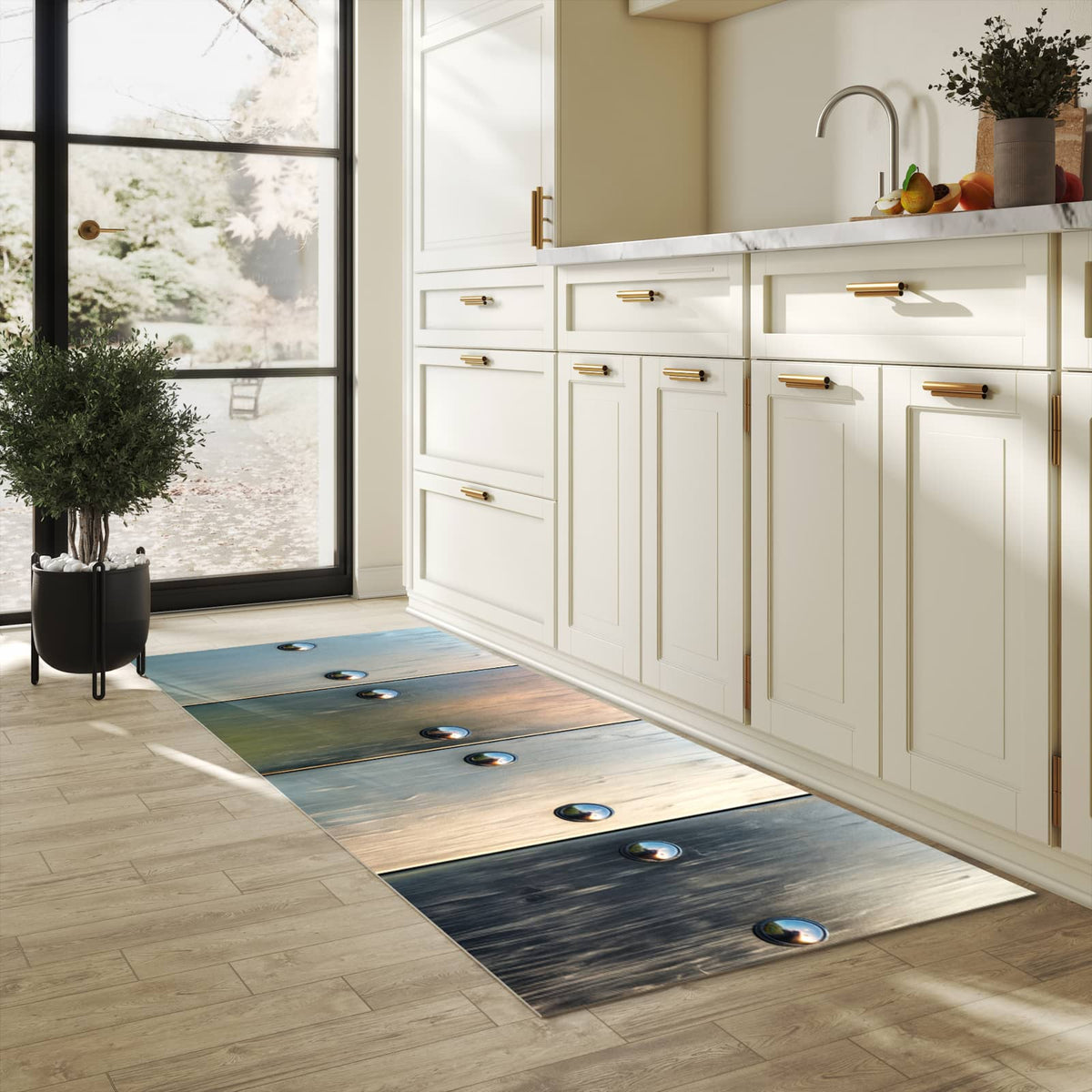 Hygienischer Küchenteppich mit Motiv Metallene Paneele in heller Küche
