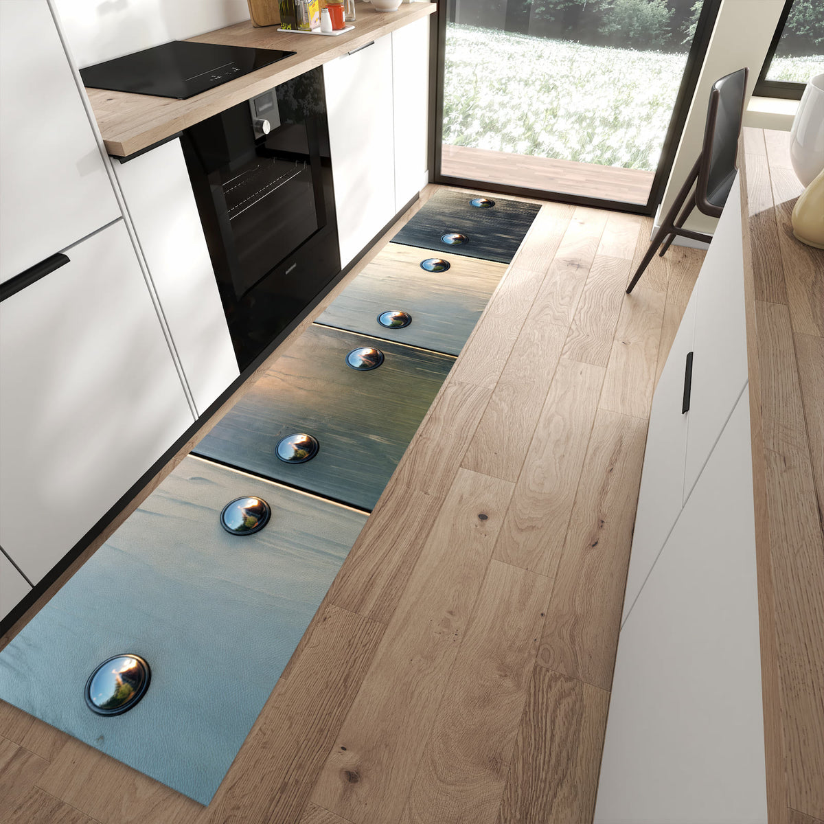 Bodenschonender rutschfester Läufer mit Motiv Metallene Paneele in moderner Küche