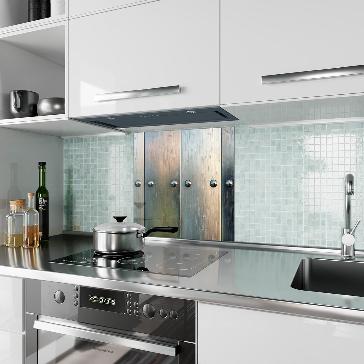 Küchenrückwand Metallknöpfe auf Holz aus Glas – Holzpaneele mit glänzenden Knöpfen