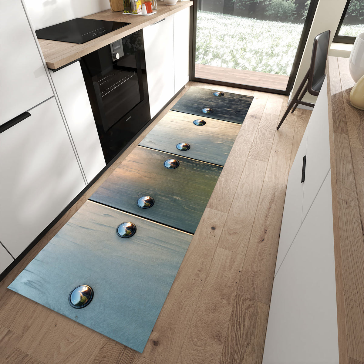 Waschbarer Teppich fürs Esszimmer mit Motiv Metallene Paneele in moderner Küche