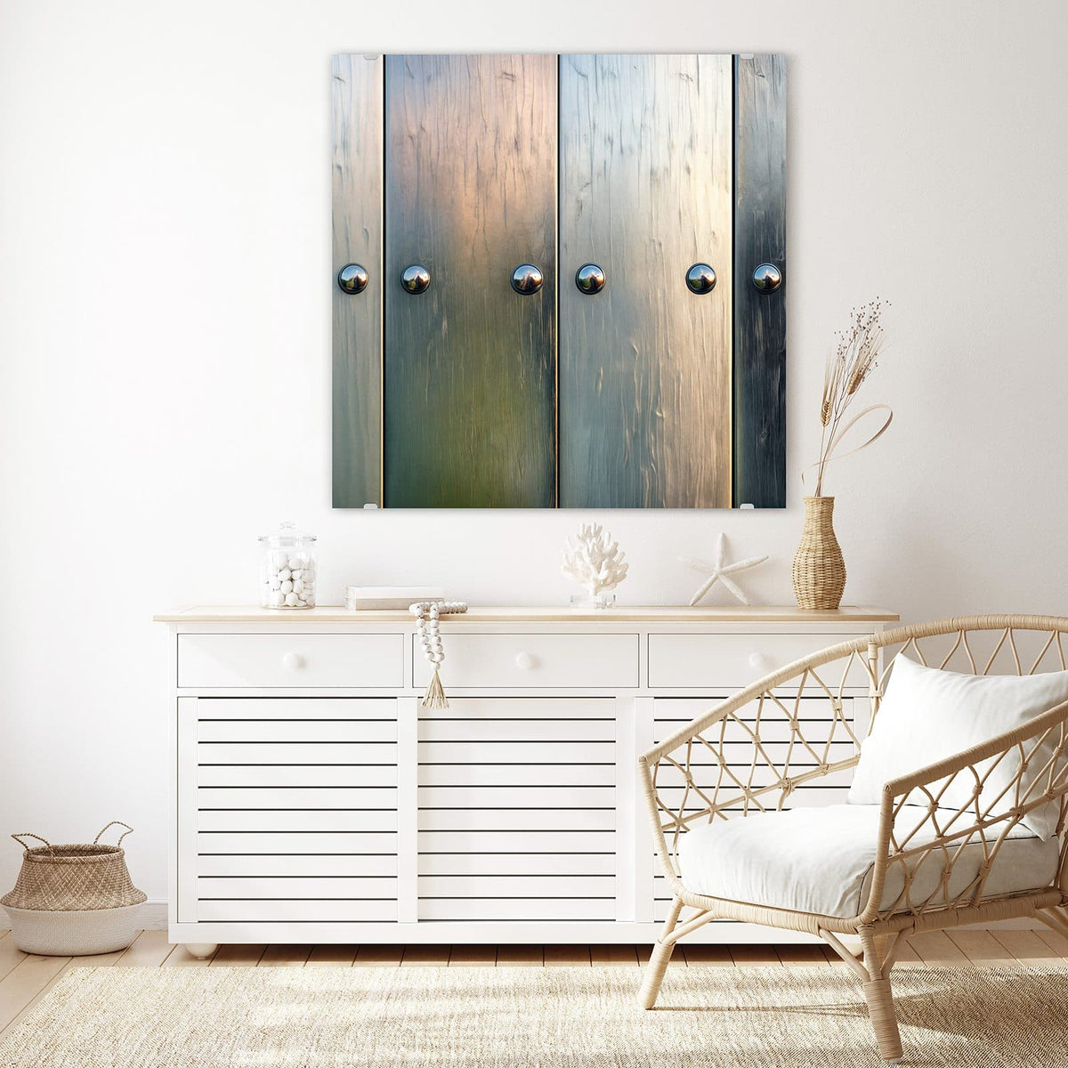 Echtglas, 4 mm – kein Acryl, keine Folie – Wandbild - Metallknöpfe auf Holz - Quadratisch