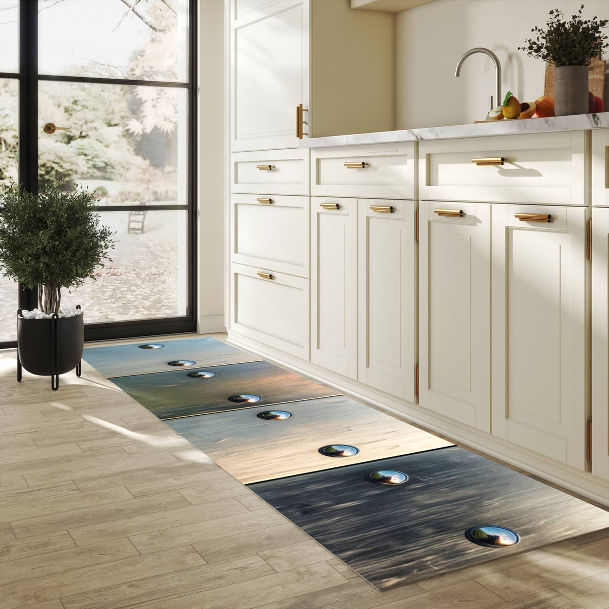 Abwaschbarer Küchenteppich mit Motiv Metallene Paneele in heller Küche