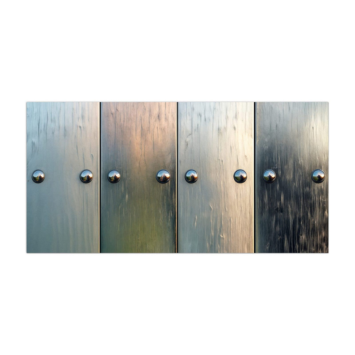 Küchenrückwand aus Glas Metallknöpfe auf Holz im Hochformat, Motiv bildfüllend von vorn