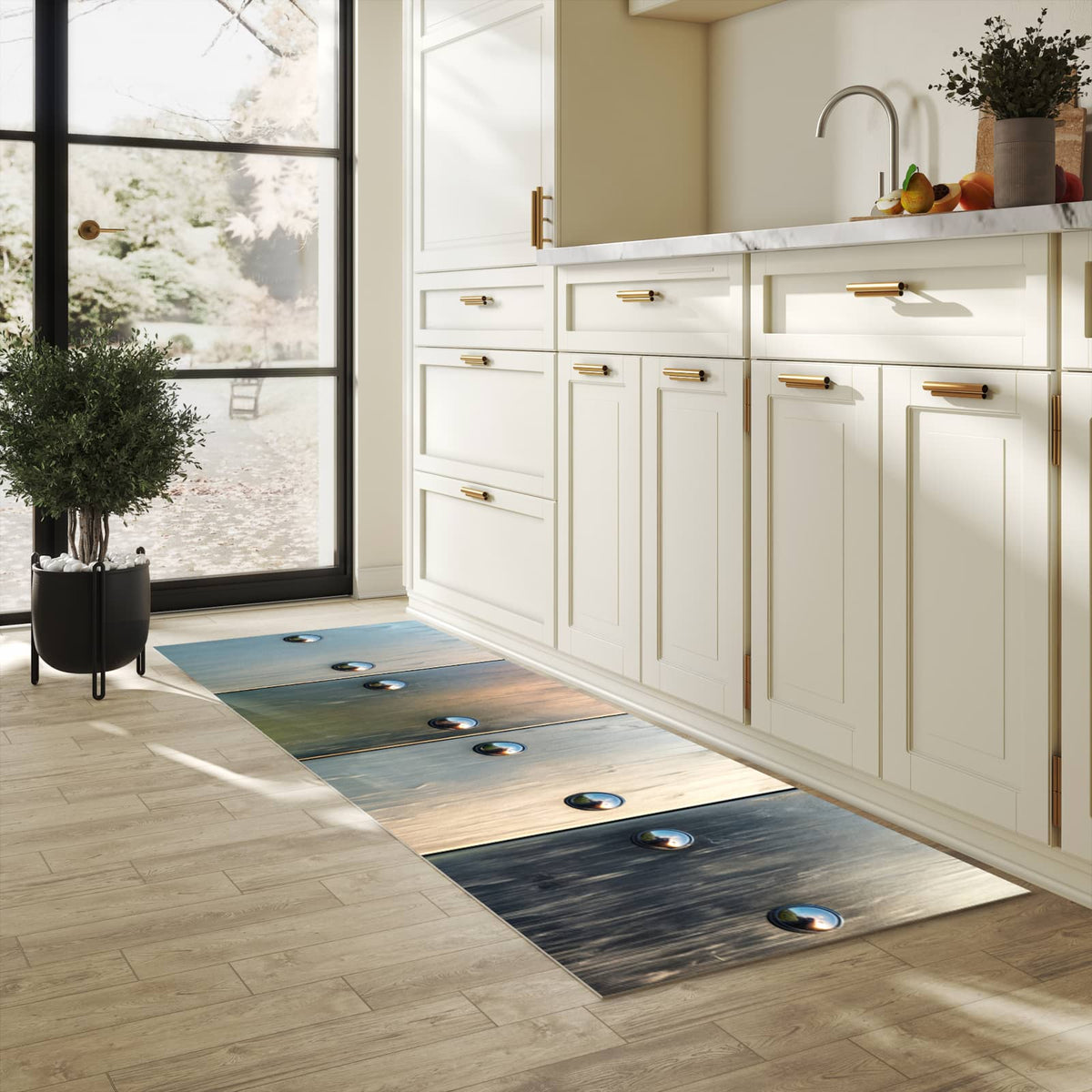 Komfortabler moderner Küchenläufer mit Motiv Metallene Paneele in heller Küche