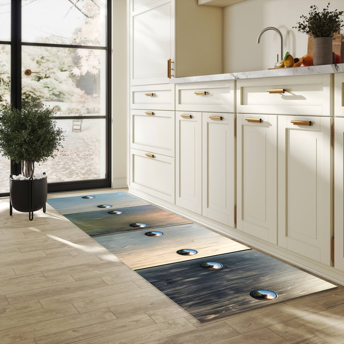 Rutschhemmender Küchenläufer mit Motiv Metallene Paneele in heller Küche