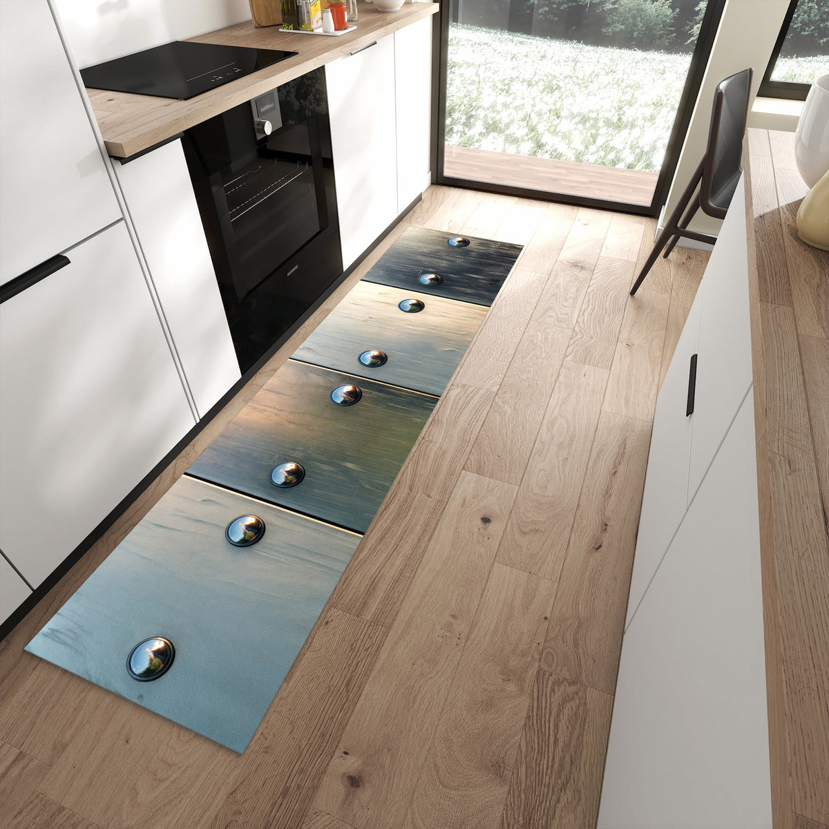 Küchenläufer - Metallknöpfe auf Holz – Holzpaneele mit glänzenden Knöpfen