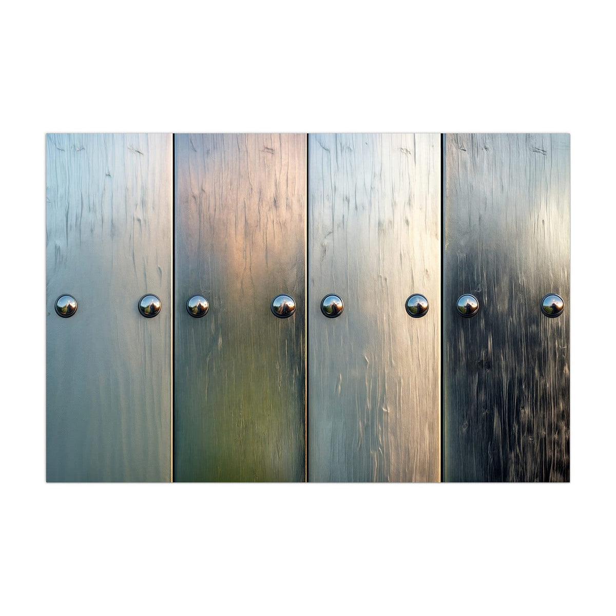 Küchenrückwand aus Glas Metallknöpfe auf Holz im Hochformat, Motiv bildfüllend von vorn