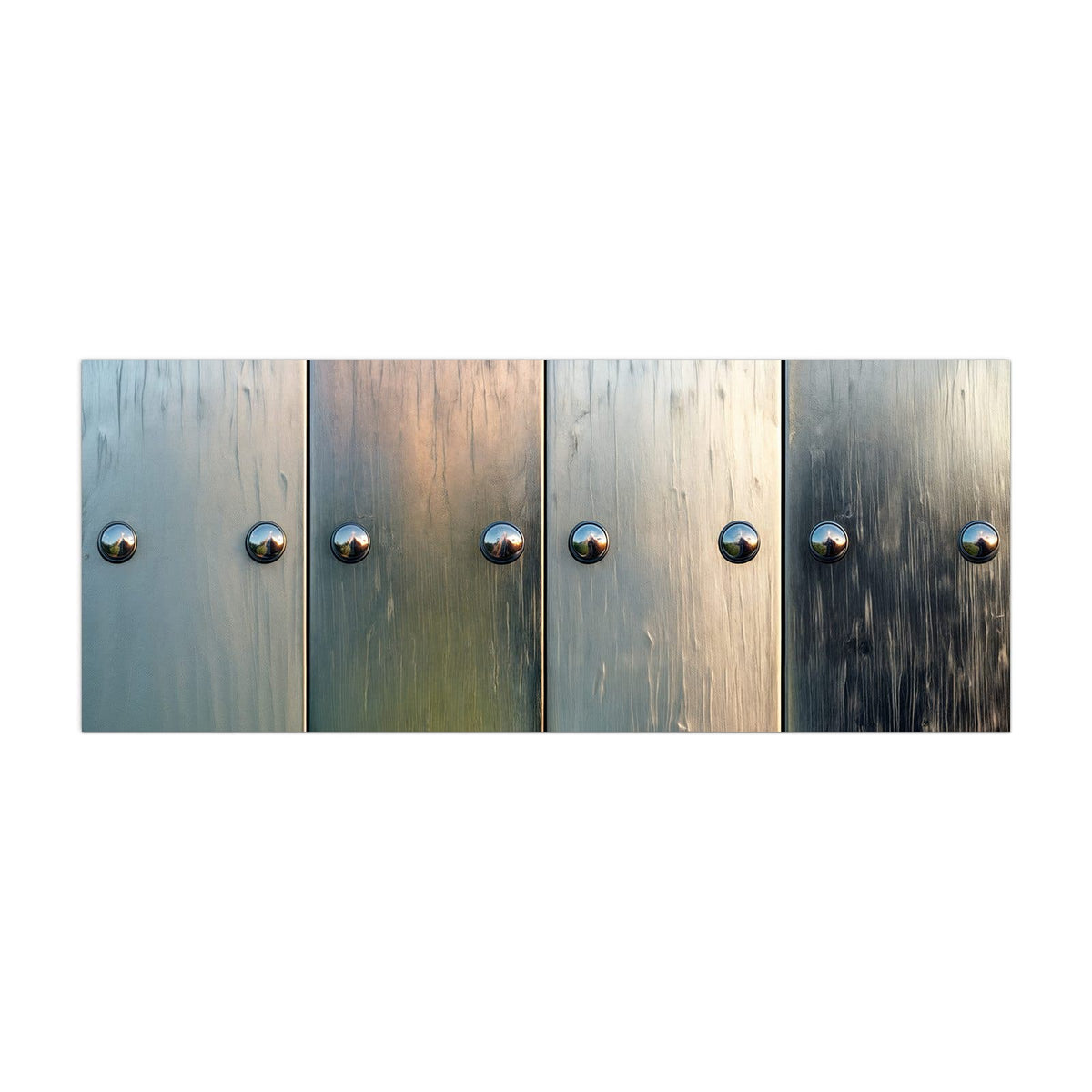 Küchenrückwand aus Glas Metallknöpfe auf Holz im Hochformat, Motiv bildfüllend von vorn