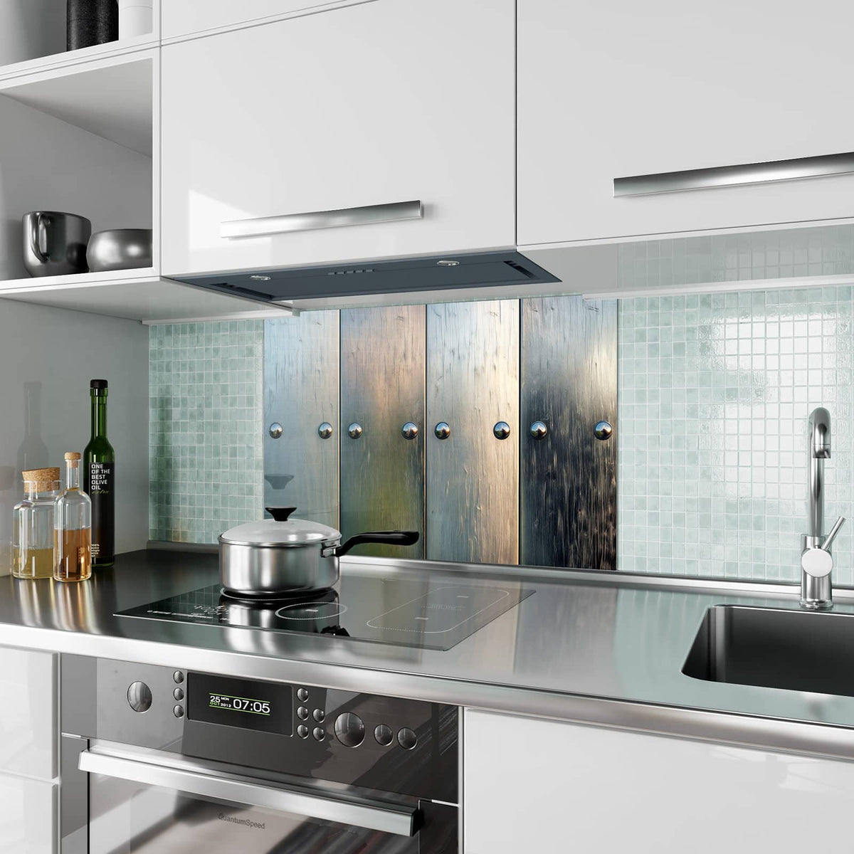 Küchenrückwand aus Glas Metallknöpfe auf Holz im Hochformat als Spritzschutz hinter dem Kochfeld, über dem Fliesenspiegel montiert