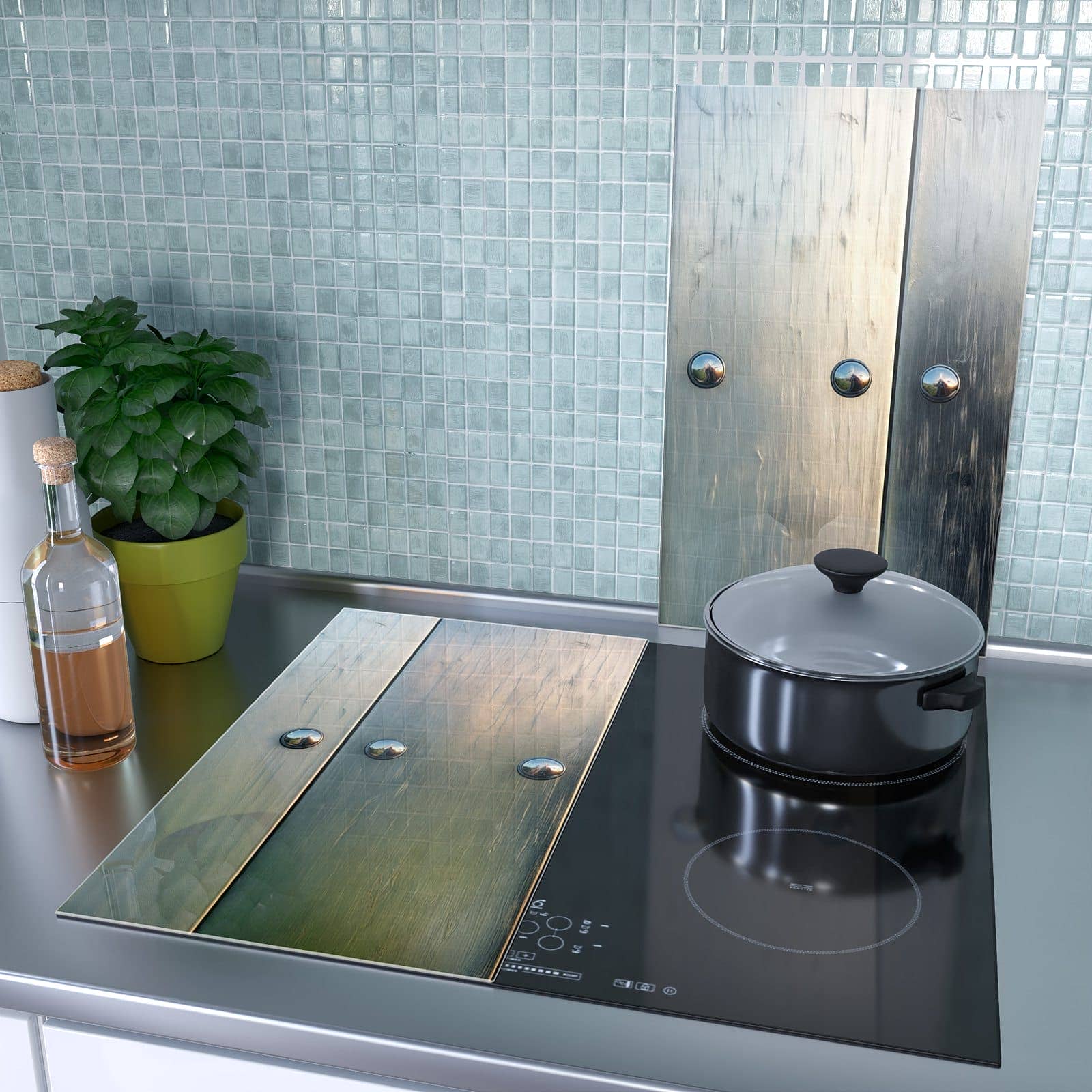 1-teilige Herdabdeckung mit Metallene Paneele-Motiv als Spritzschutz hinter dem Kochfeld
